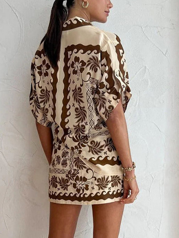 Ljetna modna košulja s printom 2023. Komplet od 2 komada široke ležerne košulje kratkih rukava Suknja visokog struka Dvodijelni set ženske kućne odjeće