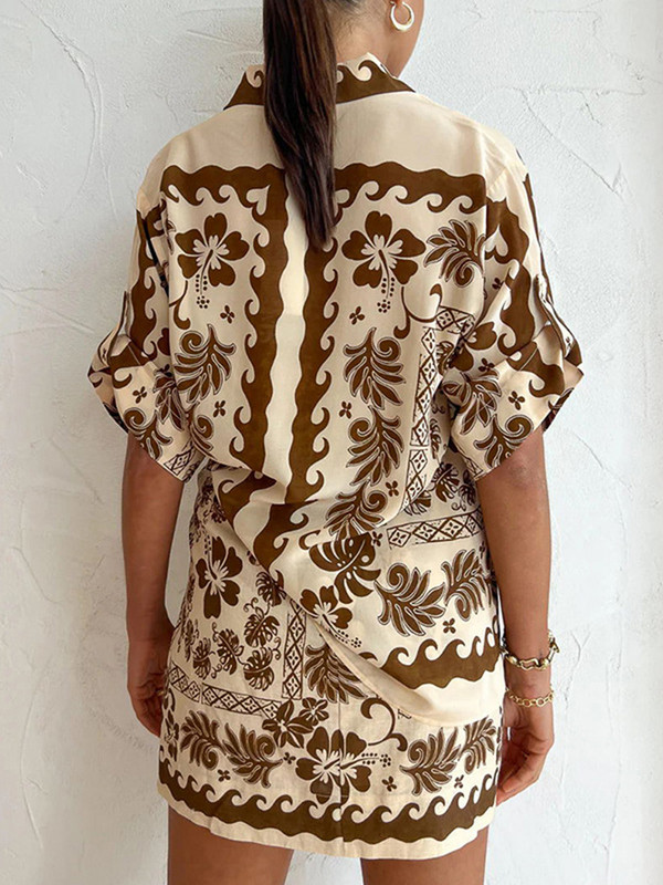 Ljetna modna košulja s printom 2023. Komplet od 2 komada široke ležerne košulje kratkih rukava Suknja visokog struka Dvodijelni set ženske kućne odjeće