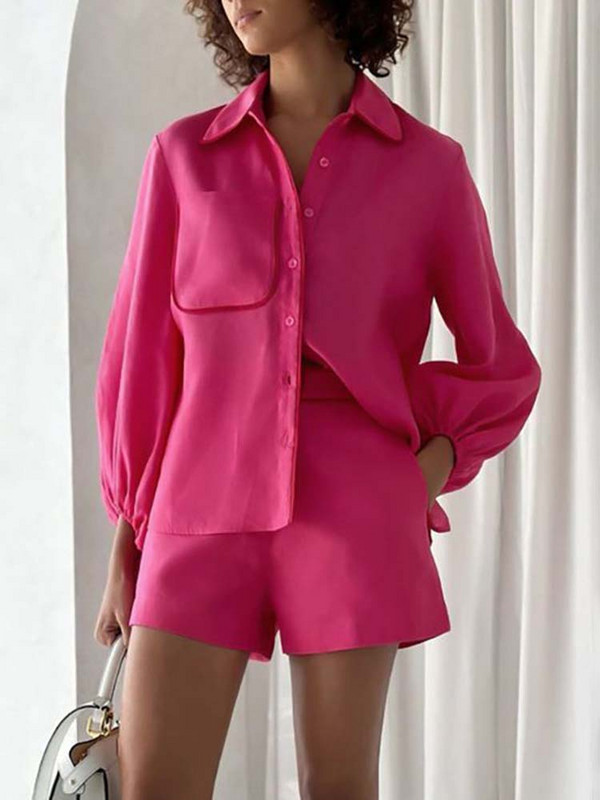 Ljetni ružičasti kompleti Kratke hlače visokog struka Dvodijelni kompleti Ležerna široka odjeća Modni novi dvodijelni komplet bluza Ženski 2023.