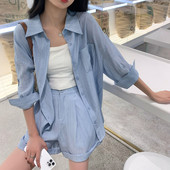 2023 Jaapani ja Korea särk Laia säärega püksid Lühikesed püksid Kaheosaline ülikond Naiste suvine vabaaja ühevärviline päikesekaitsekreem kaheosaline komplekt