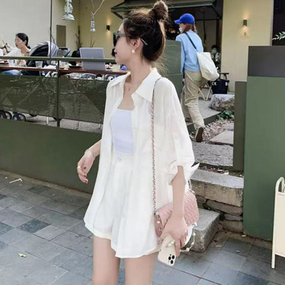 2023 Jaapani ja Korea särk Laia säärega püksid Lühikesed püksid Kaheosaline ülikond Naiste suvine vabaaja ühevärviline päikesekaitsekreem kaheosaline komplekt