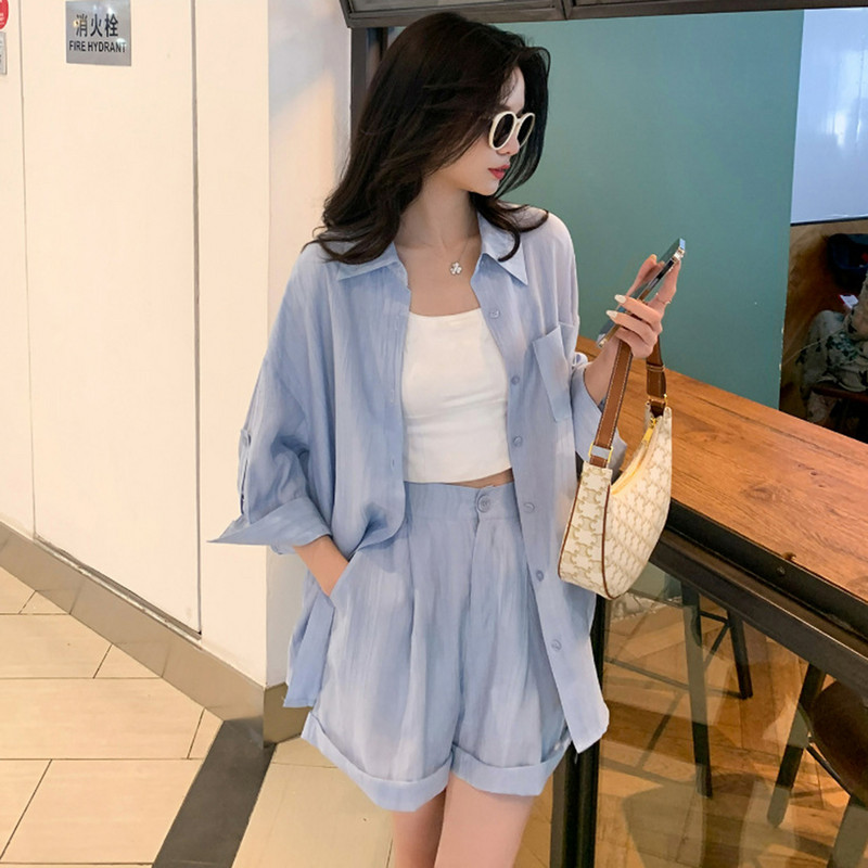 2023 Jaapani ja Korea särk Laia säärega püksid Lühikesed püksid Kaheosaline ülikond Naiste suvine vabaaja ühevärviline päikesekaitsekreem kaheosaline komplekt