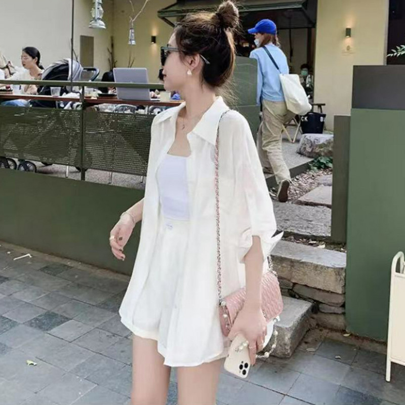 2023 Jaapani ja Korea särk Laia säärega püksid Lühikesed püksid Kaheosaline ülikond Naiste suvine vabaaja ühevärviline päikesekaitsekreem kaheosaline komplekt