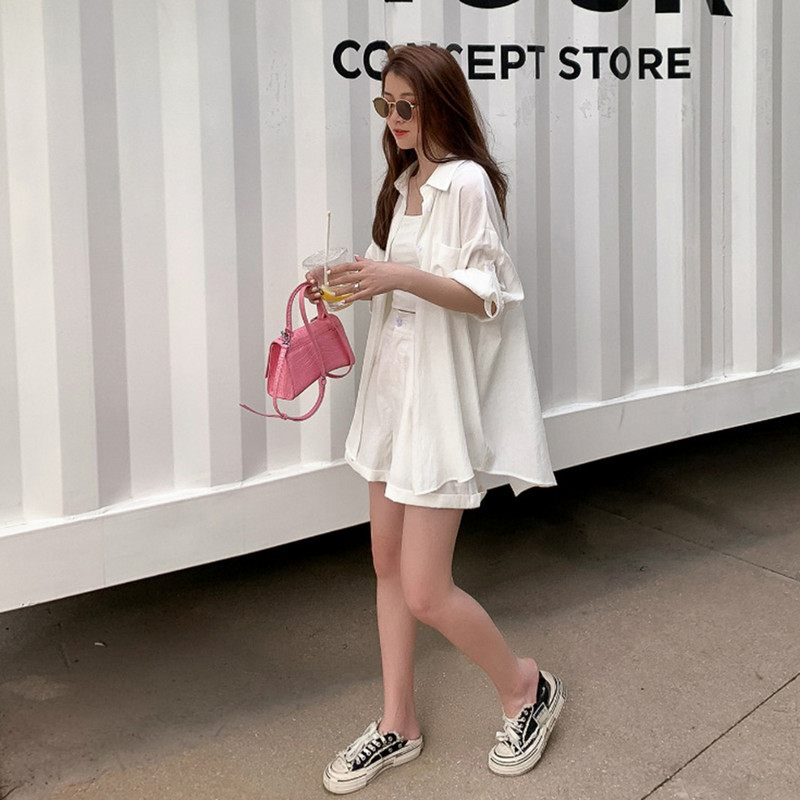 2023 Jaapani ja Korea särk Laia säärega püksid Lühikesed püksid Kaheosaline ülikond Naiste suvine vabaaja ühevärviline päikesekaitsekreem kaheosaline komplekt