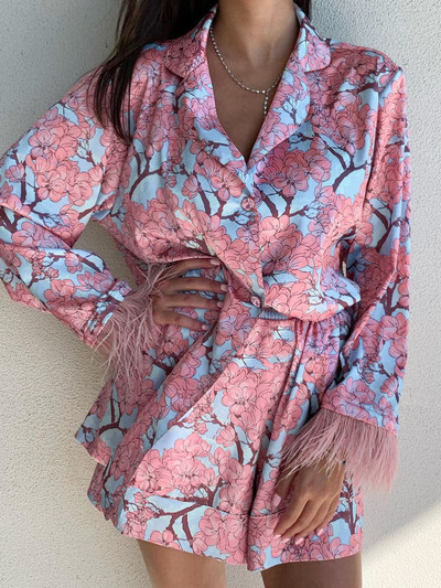 Ljetna modna košulja dugih rukava s tankim printom od perja Široke kratke hlače visokog struka Dvodijelni komplet Ženske 2023. Novi kardigan košulje na rever