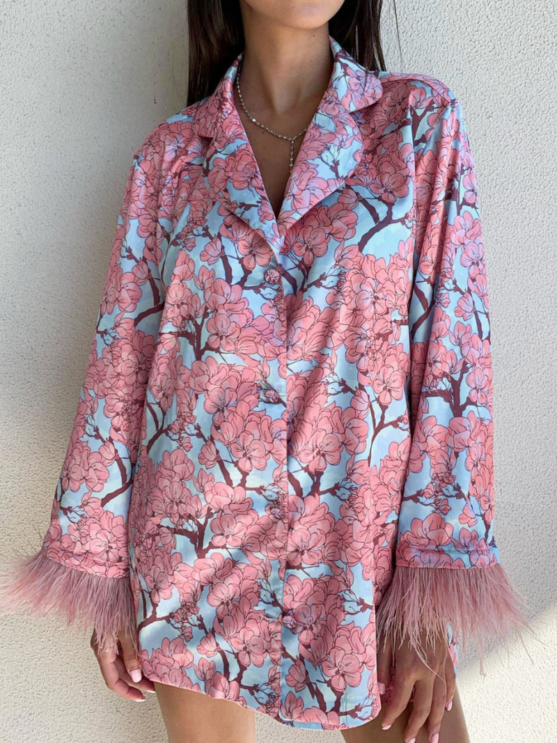 Ljetna modna košulja dugih rukava s tankim printom od perja Široke kratke hlače visokog struka Dvodijelni komplet Ženske 2023. Novi kardigan košulje na rever