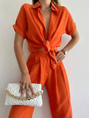 Suvine lühikeste varrukatega särgiülikond Lahtine üherealine särk Laia säärega püksid, kaheosaline komplekt naiste rõivastele, vabaaja naiste komplektid