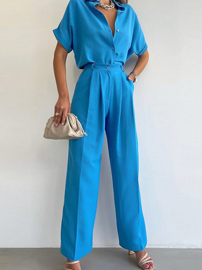 Suvine lühikeste varrukatega särgiülikond Lahtine üherealine särk Laia säärega püksid, kaheosaline komplekt naiste rõivastele, vabaaja naiste komplektid