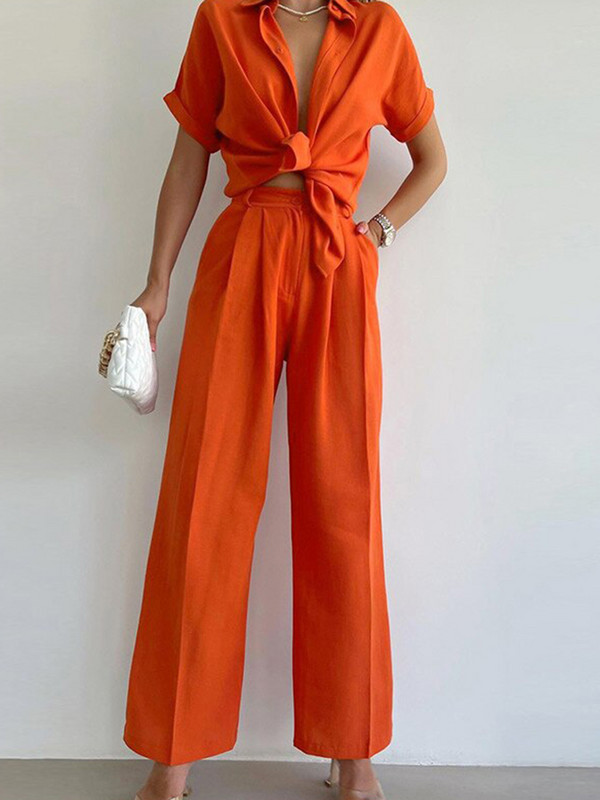 Suvine lühikeste varrukatega särgiülikond Lahtine üherealine särk Laia säärega püksid, kaheosaline komplekt naiste rõivastele, vabaaja naiste komplektid