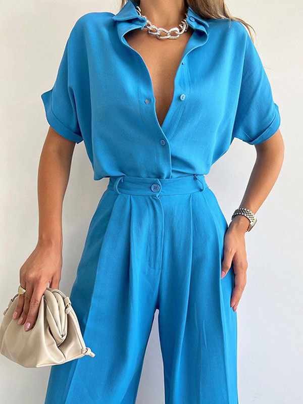 Suvine lühikeste varrukatega särgiülikond Lahtine üherealine särk Laia säärega püksid, kaheosaline komplekt naiste rõivastele, vabaaja naiste komplektid