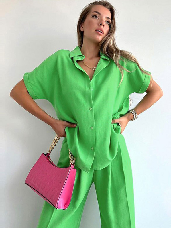 Suvine lühikeste varrukatega särgiülikond Lahtine üherealine särk Laia säärega püksid, kaheosaline komplekt naiste rõivastele, vabaaja naiste komplektid