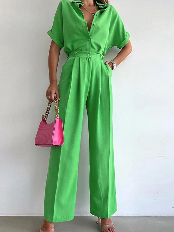 Suvine lühikeste varrukatega särgiülikond Lahtine üherealine särk Laia säärega püksid, kaheosaline komplekt naiste rõivastele, vabaaja naiste komplektid