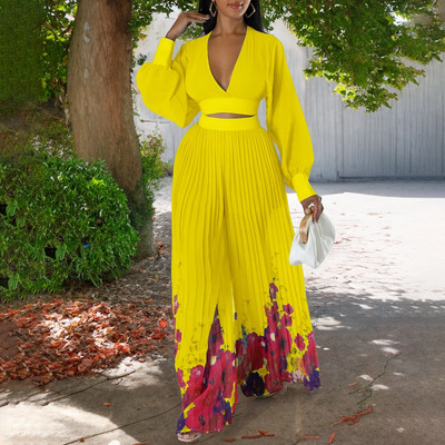 Seksi gornji pulover s dubokim V izrezom i plisiranim hlačama Ženski proljetni set od 2 komada s cvjetnim printom Jesensko odijelo od šifona dugih rukava Mujer