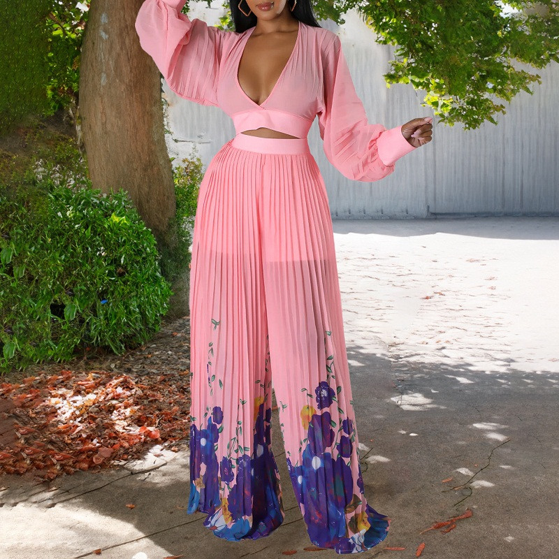 Seksi gornji pulover s dubokim V izrezom i plisiranim hlačama Ženski proljetni set od 2 komada s cvjetnim printom Jesensko odijelo od šifona dugih rukava Mujer