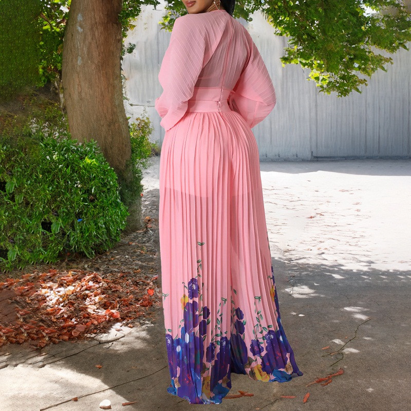 Seksi gornji pulover s dubokim V izrezom i plisiranim hlačama Ženski proljetni set od 2 komada s cvjetnim printom Jesensko odijelo od šifona dugih rukava Mujer