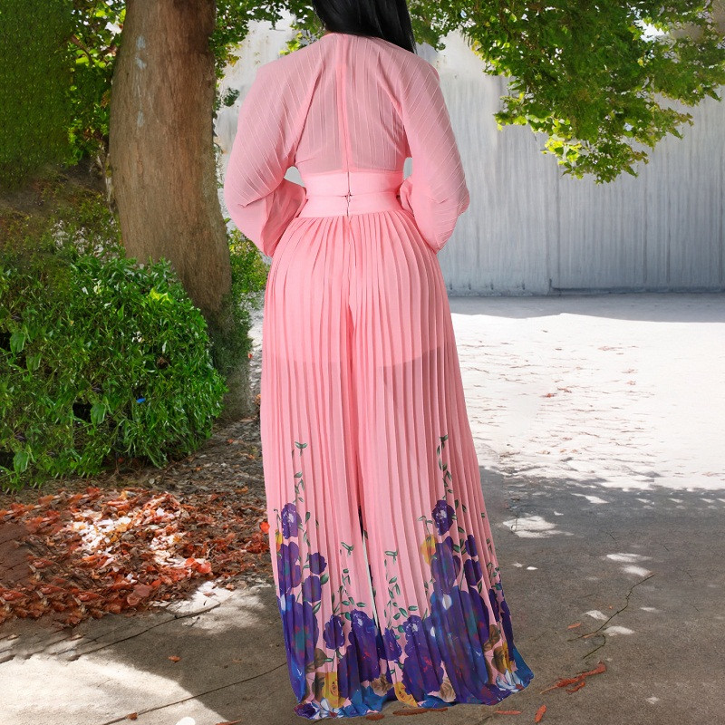 Seksi gornji pulover s dubokim V izrezom i plisiranim hlačama Ženski proljetni set od 2 komada s cvjetnim printom Jesensko odijelo od šifona dugih rukava Mujer