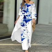 2023. Proljeće ljeto Komplet hlača Ženski 2-dijelni nepravilni gornji pulover s printom leptira i odijelo širokih nogavica Ležerna široka odjeća