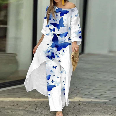 2023. Proljeće ljeto Komplet hlača Ženski 2-dijelni nepravilni gornji pulover s printom leptira i odijelo širokih nogavica Ležerna široka odjeća