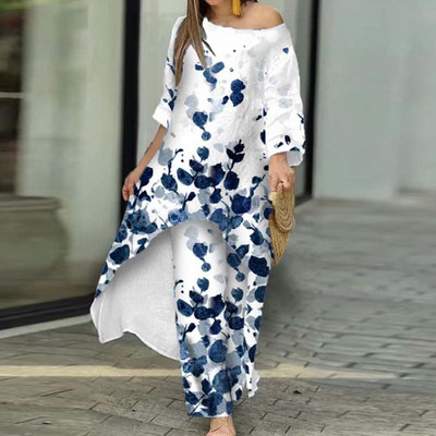 2023. Proljeće ljeto Komplet hlača Ženski 2-dijelni nepravilni gornji pulover s printom leptira i odijelo širokih nogavica Ležerna široka odjeća