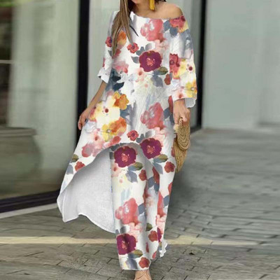 2023. Proljeće ljeto Komplet hlača Ženski 2-dijelni nepravilni gornji pulover s printom leptira i odijelo širokih nogavica Ležerna široka odjeća