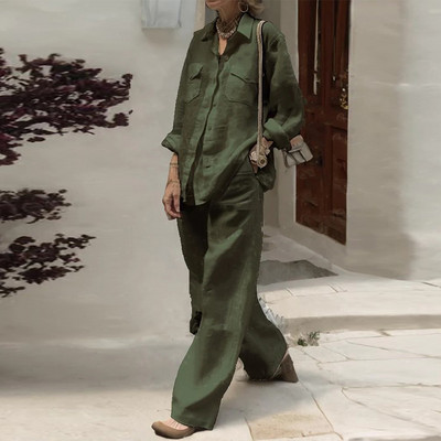 Ženska bluza s otvorenim ovratnikom i duge hlače Proljetna, ležerna jednodijelna kombinacija, jesensko ulično odijelo dugih rukava