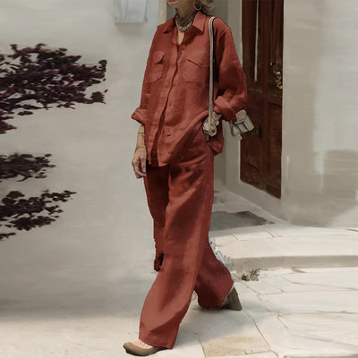 Ženska bluza s otvorenim ovratnikom i duge hlače Proljetna, ležerna jednodijelna kombinacija, jesensko ulično odijelo dugih rukava