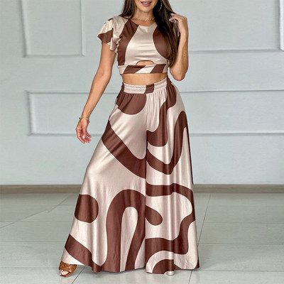Vintage Fashion Geometry Print σετ δύο τεμαχίων Γυναικεία casual μπλουζάκι με λαιμόκοψη V με κοντό μανίκι & παντελόνι με φαρδύ πόδι Ανοιξιάτικα φαρδιά ρούχα