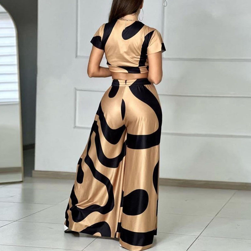 Vintage Fashion Geometry Print Kaheosaline komplekt Naiste vabaaja V-kaelusega lühikeste varrukatega T-särk ja laia säärega püksid, kostüüm, kevadised lahtised rõivad