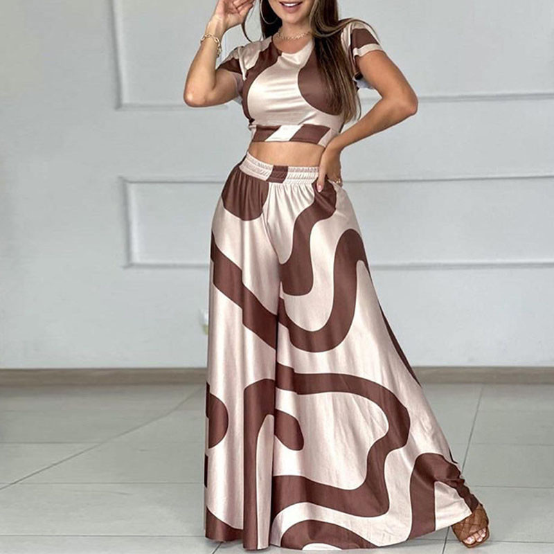 Vintage Fashion Geometry Print Kaheosaline komplekt Naiste vabaaja V-kaelusega lühikeste varrukatega T-särk ja laia säärega püksid, kostüüm, kevadised lahtised rõivad