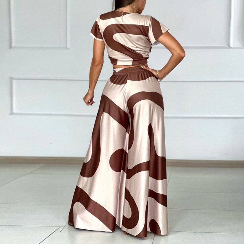 Vintage Fashion Geometry Print Kaheosaline komplekt Naiste vabaaja V-kaelusega lühikeste varrukatega T-särk ja laia säärega püksid, kostüüm, kevadised lahtised rõivad