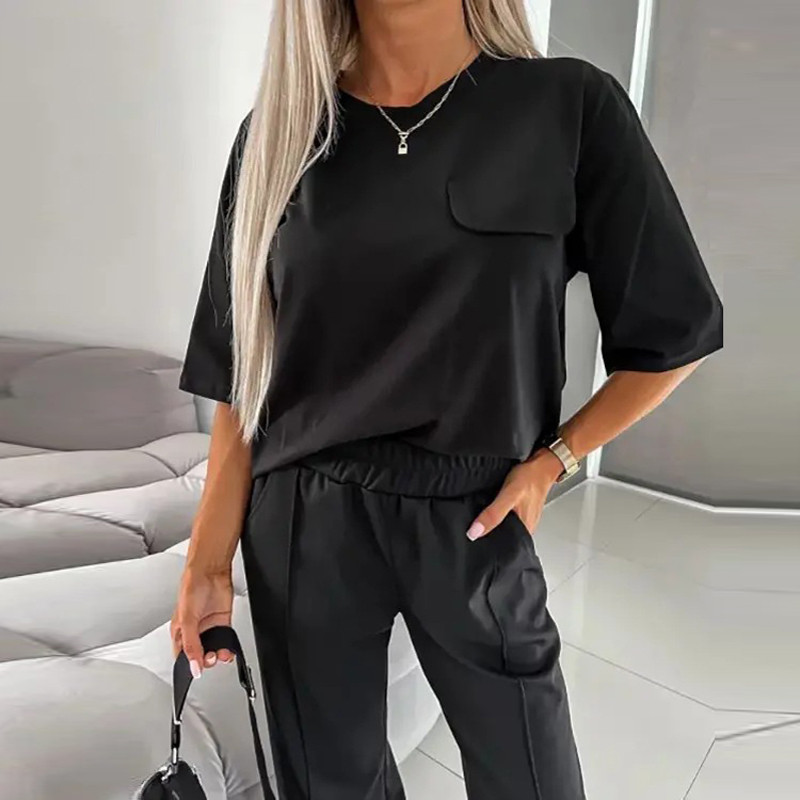 Naiste elegantsed O-kaelusega sirge vabaaja ülikonnad kevadiste poolvarrukatega, pullover ja elastsed vööpüksid, mood, kaheosalised komplektid