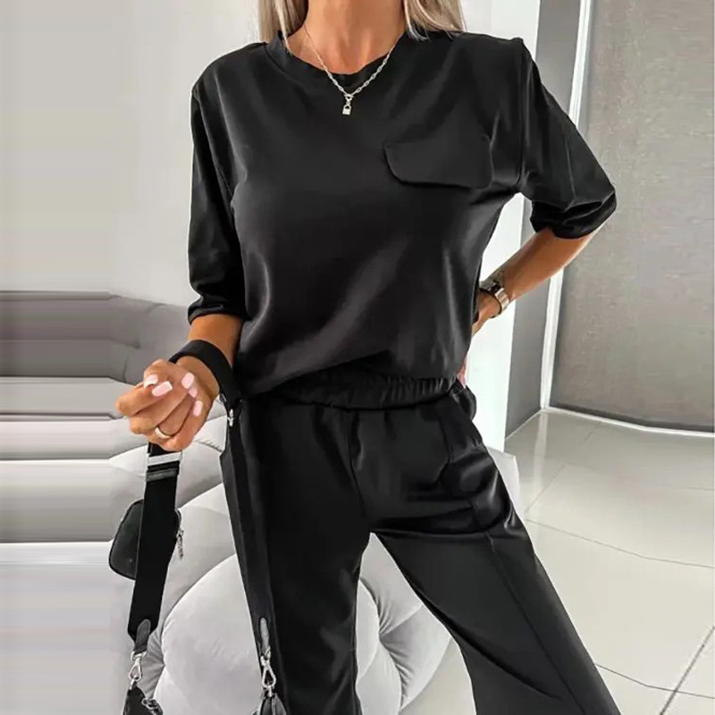 Naiste elegantsed O-kaelusega sirge vabaaja ülikonnad kevadiste poolvarrukatega, pullover ja elastsed vööpüksid, mood, kaheosalised komplektid