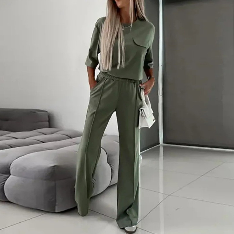 Naiste elegantsed O-kaelusega sirge vabaaja ülikonnad kevadiste poolvarrukatega, pullover ja elastsed vööpüksid, mood, kaheosalised komplektid