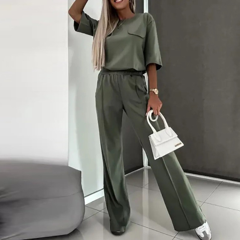 Naiste elegantsed O-kaelusega sirge vabaaja ülikonnad kevadiste poolvarrukatega, pullover ja elastsed vööpüksid, mood, kaheosalised komplektid