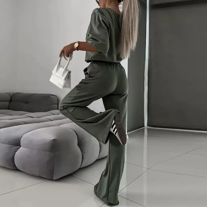 Naiste elegantsed O-kaelusega sirge vabaaja ülikonnad kevadiste poolvarrukatega, pullover ja elastsed vööpüksid, mood, kaheosalised komplektid