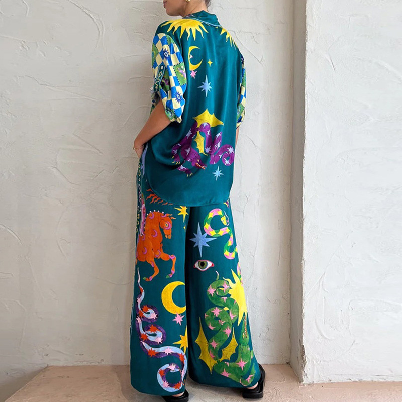 Dvodijelni komplet s vintage modnim uzorkom Ženska košulja kratkih rukava na revere i hlače s uzicom Odijelo za proljeće ljeto