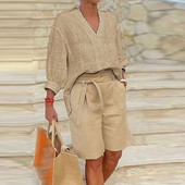 Kevadsuvi täis puuvillane linane riietus Naiste seksikas V-kaelusega poolvarrukatega T-särk ja vööga lühikeste pükste komplekt Vintage soliidne kaheosaline ülikond