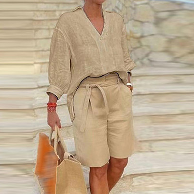 Kevadsuvi täis puuvillane linane riietus Naiste seksikas V-kaelusega poolvarrukatega T-särk ja vööga lühikeste pükste komplekt Vintage soliidne kaheosaline ülikond