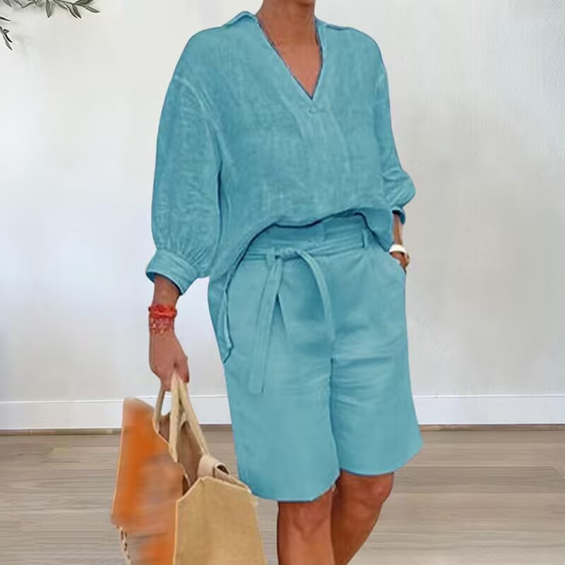 Kevadsuvi täis puuvillane linane riietus Naiste seksikas V-kaelusega poolvarrukatega T-särk ja vööga lühikeste pükste komplekt Vintage soliidne kaheosaline ülikond