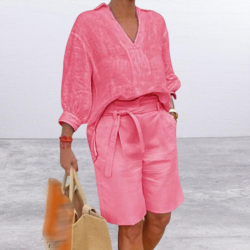 Kevadsuvi täis puuvillane linane riietus Naiste seksikas V-kaelusega poolvarrukatega T-särk ja vööga lühikeste pükste komplekt Vintage soliidne kaheosaline ülikond