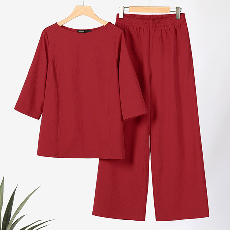 Harajuku vintage täispuuvillasest linasest naiste komplektid kevadiste kaelusega lühikeste varrukatega pullover ja sirged püksid, sobivad suvekomplektid