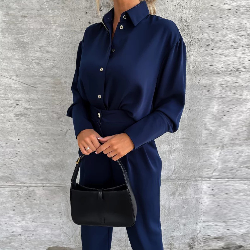 Jednostavan modni dvodijelni set za uredske dame Žensko jednoredno jednoredno kopčanje, kardigan i ravne hlače Proljetno jesen Jednobojno odijelo