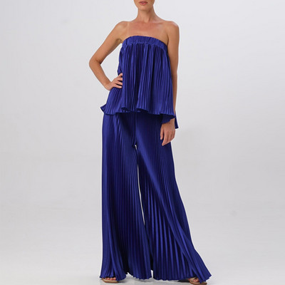 Plisirani ženski set s retro cvjetnim printom, proljetni gornji pulover bez naramenica i hlače širokih nogavica, ljetno, šuplje odijelo s otvorenim ramenima