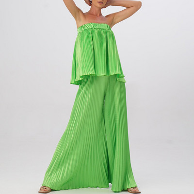 Plisirani ženski set s retro cvjetnim printom, proljetni gornji pulover bez naramenica i hlače širokih nogavica, ljetno, šuplje odijelo s otvorenim ramenima