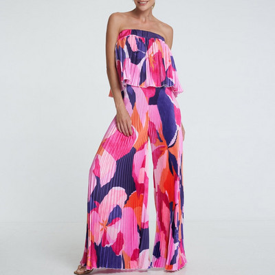 Plisirani ženski set s retro cvjetnim printom, proljetni gornji pulover bez naramenica i hlače širokih nogavica, ljetno, šuplje odijelo s otvorenim ramenima