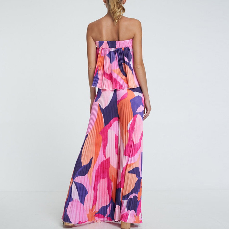 Plisirani ženski set s retro cvjetnim printom, proljetni gornji pulover bez naramenica i hlače širokih nogavica, ljetno, šuplje odijelo s otvorenim ramenima