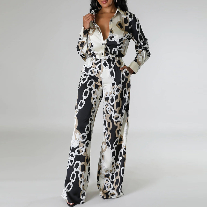 Ženski dvodijelni komplet s retro printom lanaca Proljetni jednoredni kaput s reverima i odijelo s dugim hlačama Jesenski uredski kompleti s mašnom na vezanje