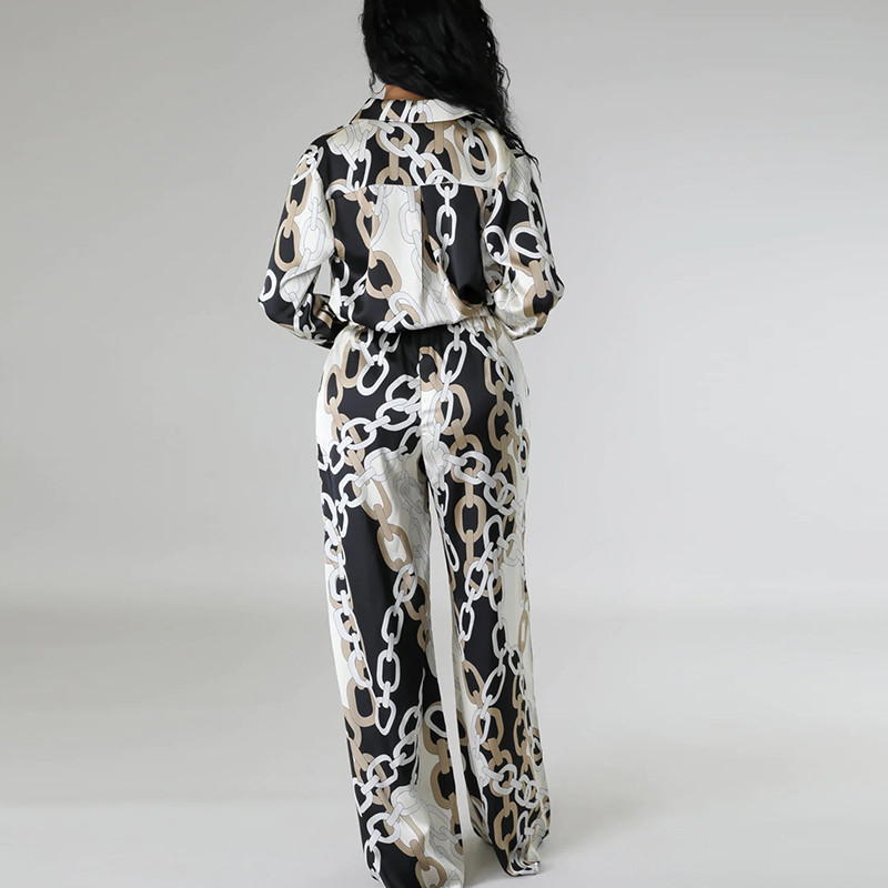 Ženski dvodijelni komplet s retro printom lanaca Proljetni jednoredni kaput s reverima i odijelo s dugim hlačama Jesenski uredski kompleti s mašnom na vezanje