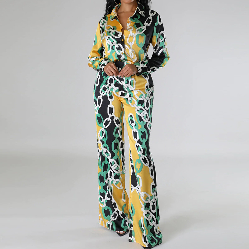Ženski dvodijelni komplet s retro printom lanaca Proljetni jednoredni kaput s reverima i odijelo s dugim hlačama Jesenski uredski kompleti s mašnom na vezanje
