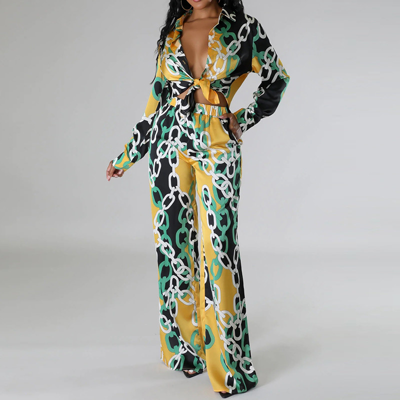 Ženski dvodijelni komplet s retro printom lanaca Proljetni jednoredni kaput s reverima i odijelo s dugim hlačama Jesenski uredski kompleti s mašnom na vezanje